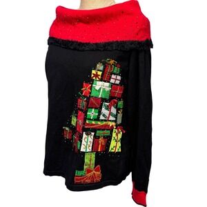 VTG Rare BEREK Takako Sakon Ugly Christmas L Black Red Sweater Gift Tree Festive